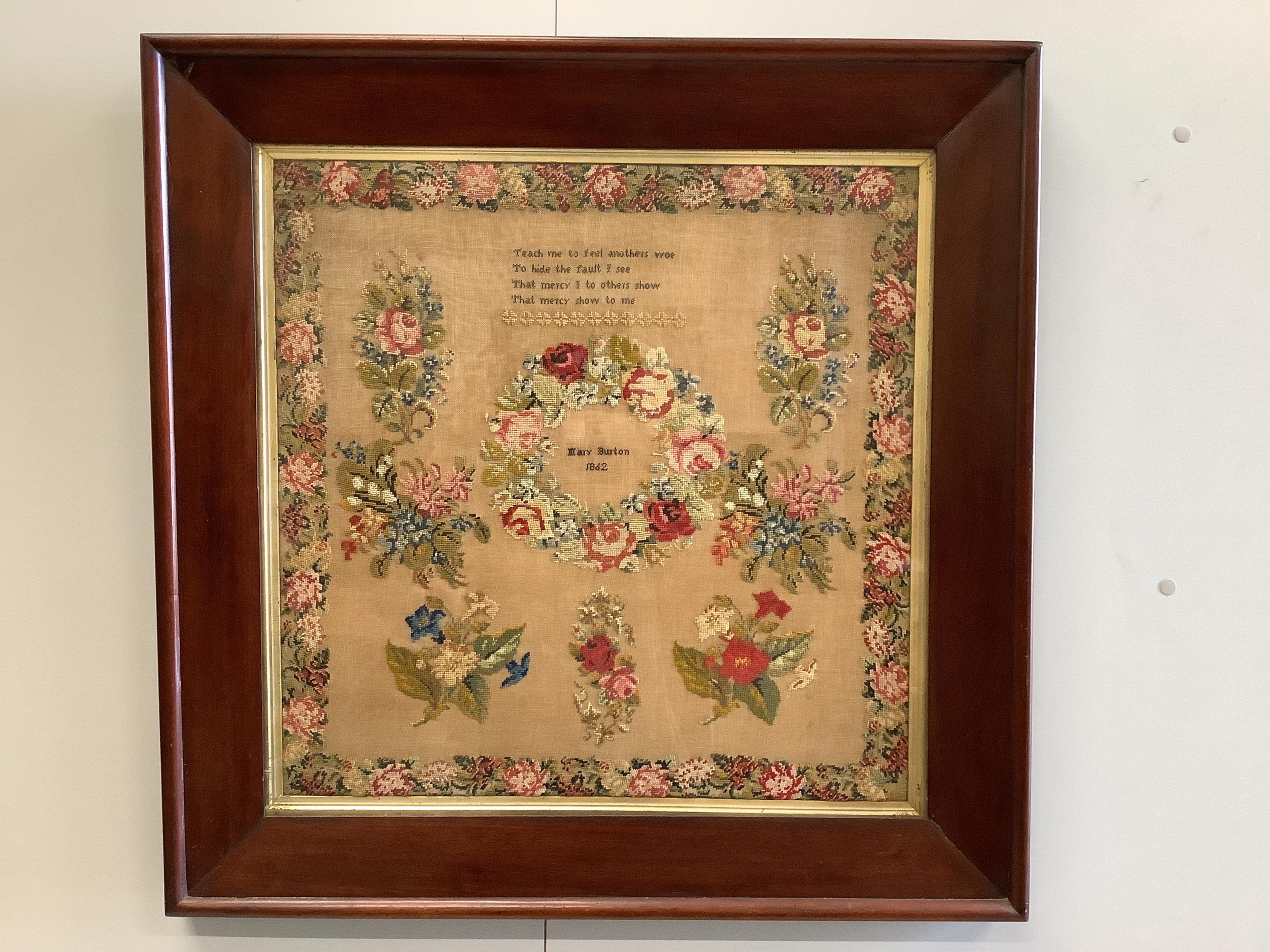 Two Victorian framed samplers; a large colourful floral sampler with short verse by Mary Burton 1862 and a smaller sampler by Julia Warner aged 13, dated 1846?, large 1862 sampler 59cm wide x 61cm high. Condition - large